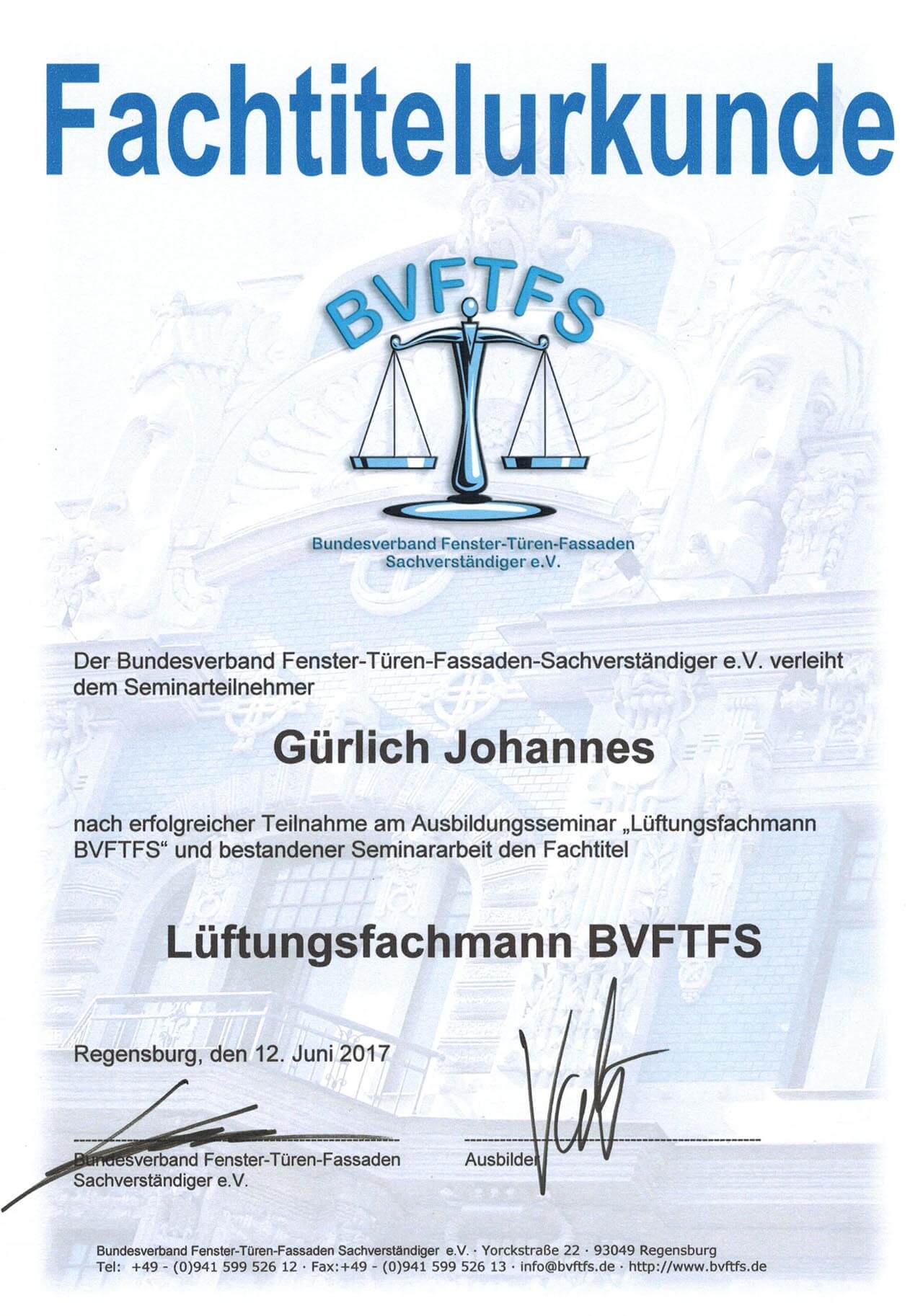 Fachtitelurkunde Lüftungsfachmann